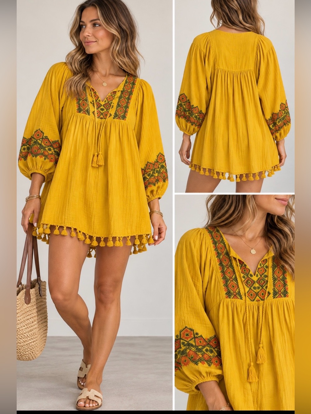 Boho Tassel Babydoll Top in Mustard Yellow